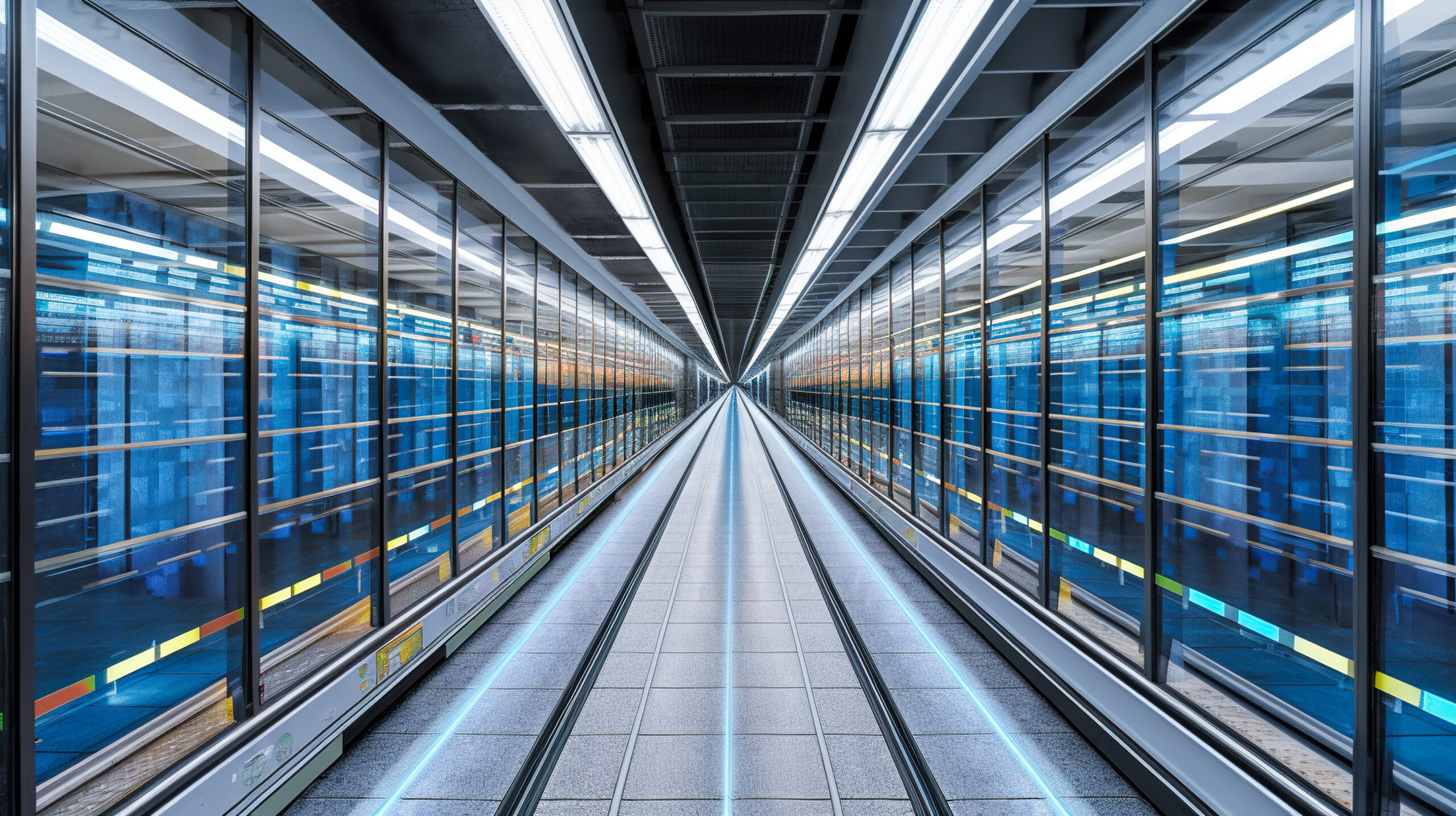 Imagem futurista que apresenta um corredor de supermercado com geladeiras industriais e alusão de movimento